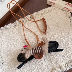 Detail view of a cute flocked puppy eyewear clip on a leather lanyard necklace.