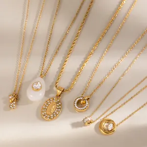Collar de Acero Inoxidable Chapado en Oro 18K para Mujer Colgante Geométrico Circonia Dijes Virgen María Joyería de Moda