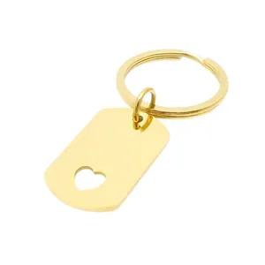 Porte-clés en acier inoxydable doré avec découpe en cœur, pendentif vierge à graver.