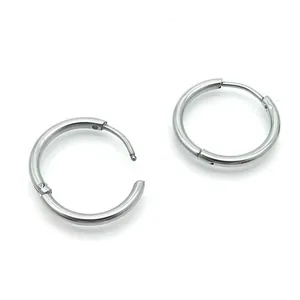 Minimalist polished stainless steel hoop earrings for women on white background