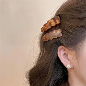 Gedetailleerd overzicht van vintage acryl luipaard haarclips aan de zijkant gedragen