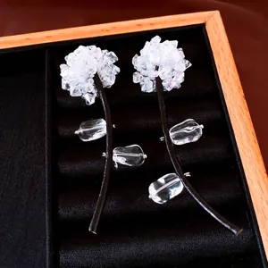 Elegant crystal cluster floral earrings with black leather cord tassels for women