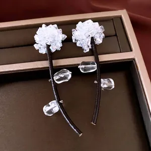Luxury crystal cluster stud earrings featuring black leather cords and clear drops