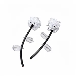 Luxury clear crystal flower drop earrings with black cord stem and silver needle