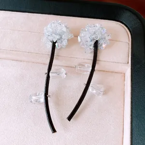 Detailed view of handmade crystal cluster earrings with black leather cords and clear beads