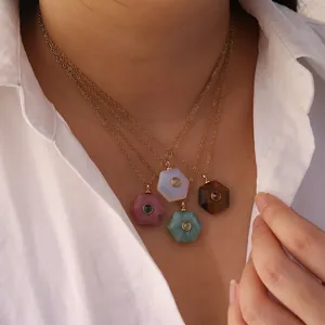 Stainless Steel Natural Stone Hexagonal Pendant Necklace For Women Gold Plated Geometric Rhinestone Inlaid Birthday Jewelry