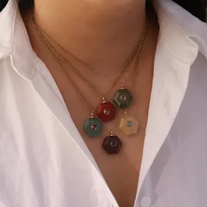 Hexagonal natural stone pendant necklace set in gold-plated stainless steel for women
