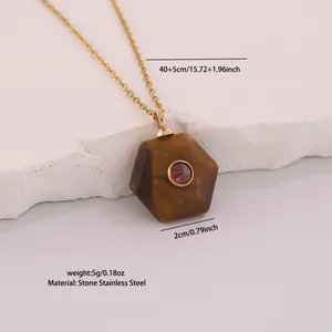 Close-up of hexagonal tiger eye pendant necklace with dimensions and material specs
