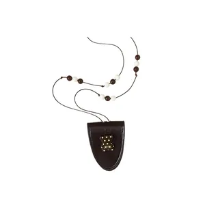 Korean style minimalist brown leather pouch pendant necklace featuring a polka dot bear charm