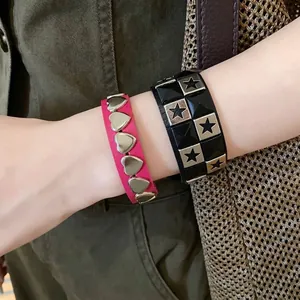 Chic leather bracelets with silver metal star and heart studs in sweet cool style