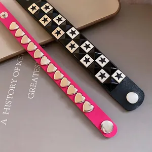 Punk leather bracelets with heart and star metal studs for a stylish sweet-cool look
