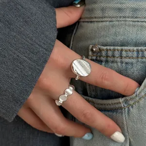 Minimalist Silver Plated Copper Open Ring For Women Irregular Round Geometric Adjustable Finger Ring Brushed Matte Niche Fashion Jewelry Gift