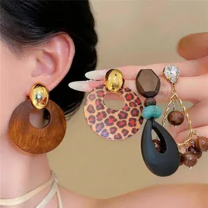 Vintage Ethnische Holz Runde Hängeohrringe Für Damen Mit 925 Sterling Silber Ohrstecker-Stift Legierung Strass Mode Schmuck