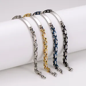 Detailed view of stainless steel Byzantine ID plate bracelets in four colors