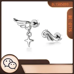 Titanium Alloy Post Angel Wing Star Pendant Helix Stud Earrings Zirconia Copper Piercing Jewelry For Women Men Silver Color