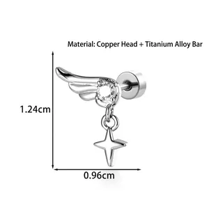 Elegant silver angel wing stud earring with star pendant and titanium alloy post