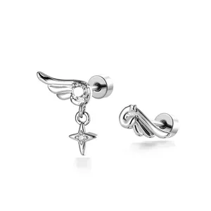 Elegant silver angel wing cartilage stud earrings with dangling star and cz stone accents