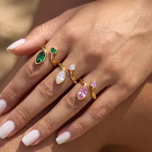 Geometric Oval Stainless Steel Ring For Women 18K Gold Plated Luxury Rhinestone Open Adjustable Finger Ring Jewelry