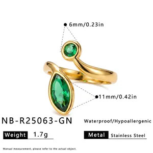 Detailed measurements of an 18k gold plated stainless steel ring with green zircons