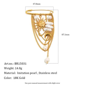 Spilla con Nappina in Acciaio Inossidabile Placcato Oro 18K per Donna Lusso Perla Artificiale Strass Spilla Sole Cuore Gioielli