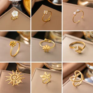 Anello Aperto in Acciaio al Titanio Placcato Oro 18K per Donna Elegante Minimalista Fiore Cuore Fiocco Rosa Conchiglia Strass Regolabile Senso di Alta Moda Gioielli