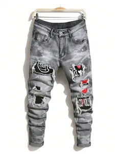 Jeans Déchirés pour Hommes Graffiti Patchwork Coupe Droite Pantalons en Denim Lavé Streetwear Pantalon Jambe Étroite Avec Éclaboussures de Peinture