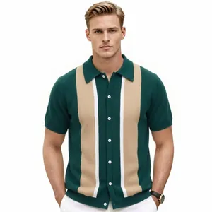 Men's vintage-style knit short sleeve polo cardigan in green and tan color-block design