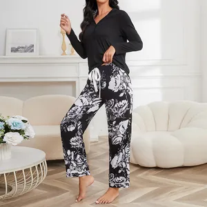 Women Pajamas Set Long Sleeve Printed Pants Top And Bottom Viscose Polyester Loungewear Casual Loose Sleepwear For Winter