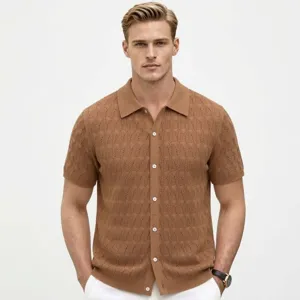Men's Summer Hollow Out Diamond Jacquard Knit Polo Shirt Short Sleeve Button Down Casual Cardigan Breathable Viscose Top