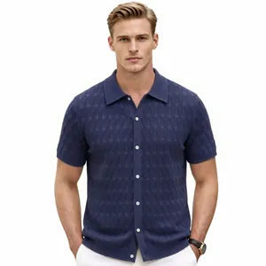 Men's blue short sleeve knitted polo shirt with hollow jacquard pattern
