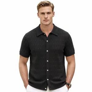 Men's black diamond jacquard knitted polo shirt with breathable hollow-out design