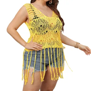 Sexy plus size yellow crochet hollow-out fringe tank top for women beach cover-up