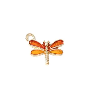 Pendentif libellule en émail orange vif avec métal doré pour la création de bijoux DIY