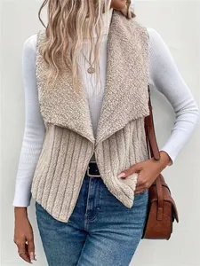 Casual women's sleeveless sherpa fleece vest in beige worn with a white turtleneck