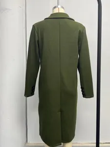 Detailed back view of a long olive green wool coat featuring buttoned cuffs and vent