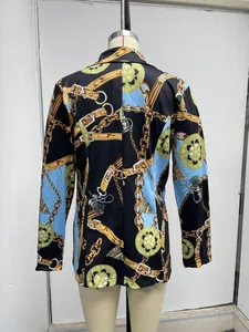 Back view of a long sleeve blazer featuring a vintage chain and buckle print design