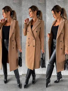 Elegant double-breasted camel long wool coat for women shown from different angles