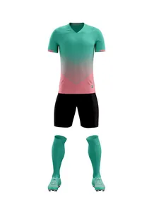 Full set of teal and pink gradient soccer kit with jersey, shorts, and matching socks.
