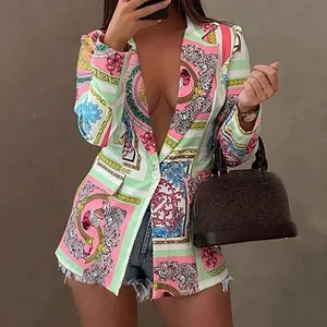Chic women's long sleeve blazer featuring a vibrant baroque floral pattern print
