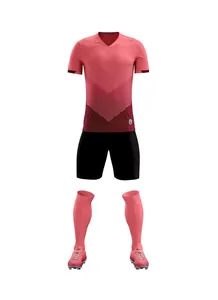 Full set of pink gradient soccer jersey with black shorts, socks, and cleats on white.