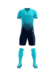 Detailed view of custom soccer uniform set with gradient jersey, shorts and socks