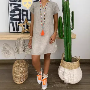 Robe en lin grise minimaliste à col en V pour femmes, style décontracté d'été ample