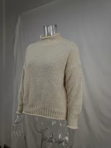 Elegant cream chunky knit high-neck sweater for women, showing soft textured detail.