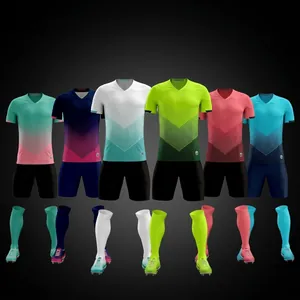 Custom quick-dry football jersey sets in various vibrant colors with shorts and socks