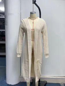 Gilet long en maille crème à capuche pour femme, style décontracté uni avec poches