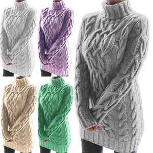 Vestido de Punto para Mujer Otoño Invierno con Cuello Alto y Trenzas Manga Larga Ajuste Delgado Mini Vestido Pullover