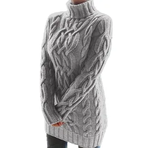 Elegante vestido de suéter gris con cuello alto de punto de ochos para mujer con mangas largas