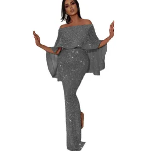 Elegantes schulterfreies Abendkleid in glitzerndem Silber mit Pailletten für Damen
