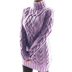 Elegante vestido de punto de ochos con cuello alto lavanda para mujer, textura gruesa