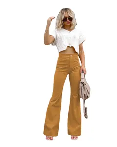 Women's stylish high waisted mustard yellow corduroy flare trousers for spring